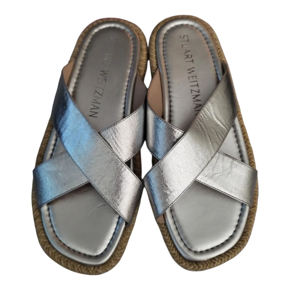 Stuart Weitzman Roza‎ Lift Slide Sandals in Silver 7.8 (Fits As 8.5)